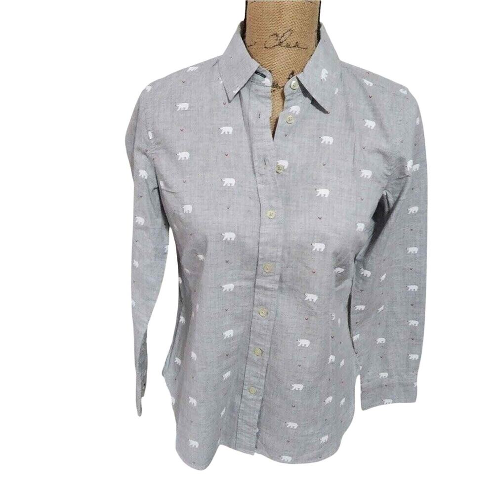 Talbots Petite Grey Polar Bear Heart Print Button Down Shirt Long Sleeve Size P